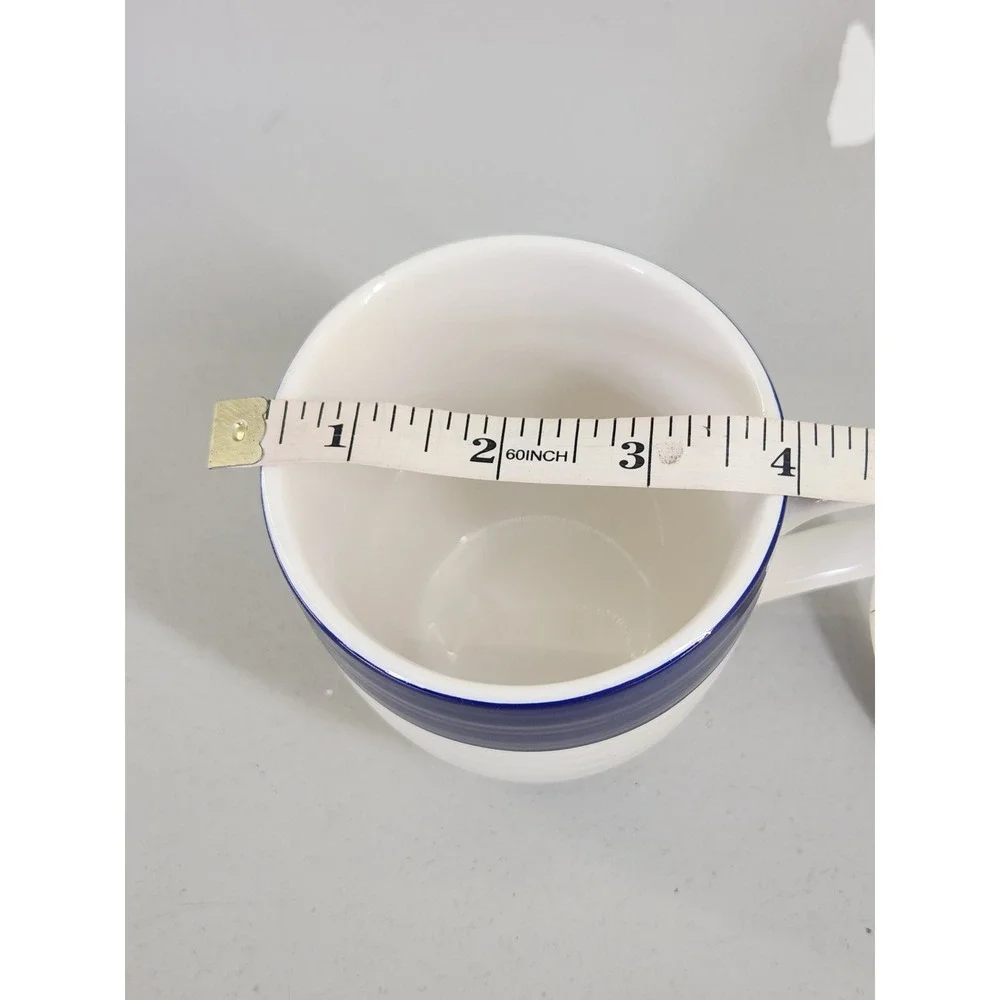 Pottery Barn Coffee Mugs Set of 4 White Navy Blue Ribbed Stoneware E